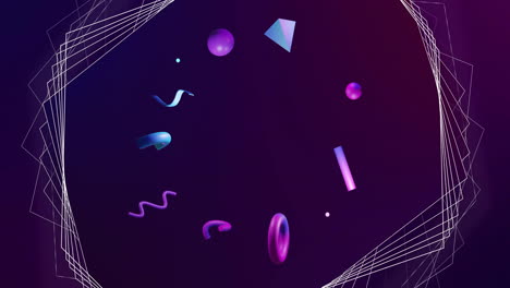 animation of white network structure over 3d blue and purple shapes rotating on dark background