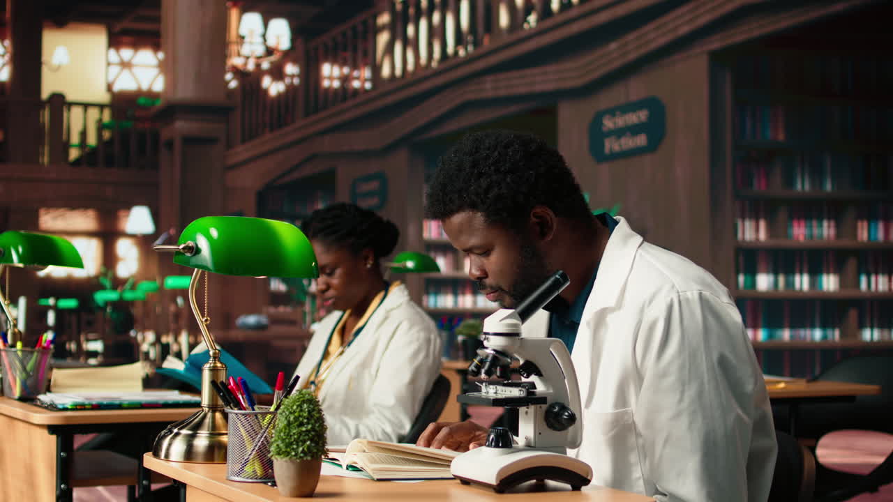 estudiante masculino investigando virus durante el análisis al microscopio y la lectura académica