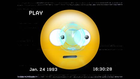 Digitale-Animation-Des-VHS-Effekts-Und-Der-Tickenden-Uhr-über-Verwirrtem-Gesichts-Emoji-Vor-Schwarzem-Hintergrund