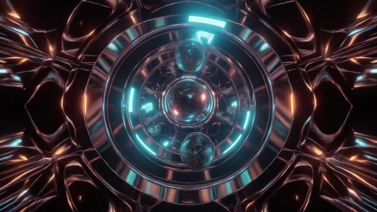 Tunnel 3D astratto con sfere al neon luminose e strutture metalliche