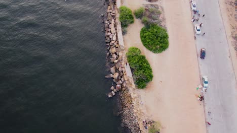 Vista-Aérea-De-Un-Parque-Costero-Con-Un-Muelle-Rocoso-Desde-La-Toma-Aérea-De-Arriba