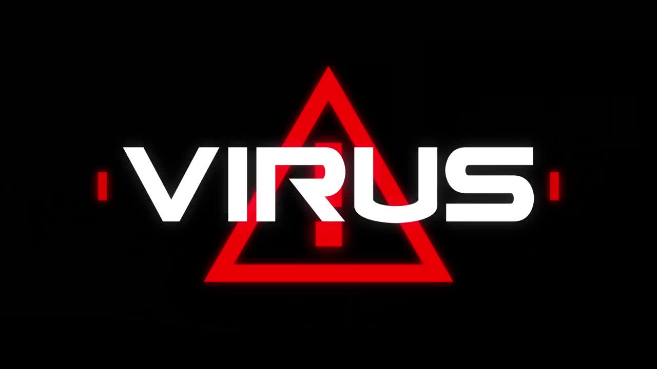 Animation af ordet Virus skrevet over et trekantet advarselsskilt på sort baggrund