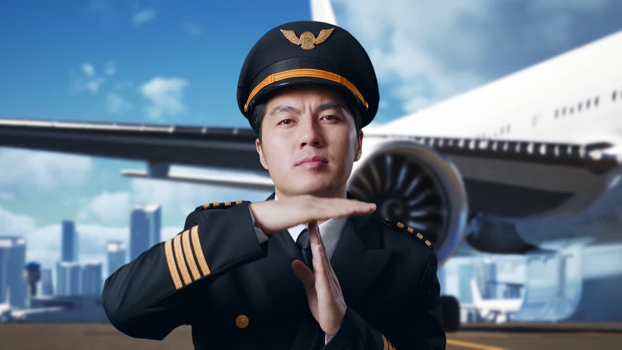 조종사가 공항에서 타임아웃을 제스처하고 있습니다.