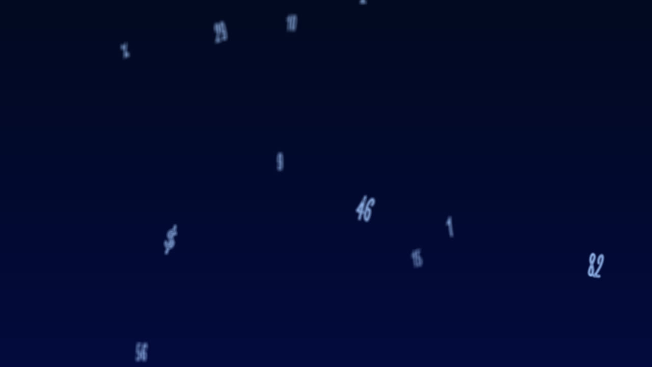 Random numbers, figures, and symbols floating downwards in a vast empty space