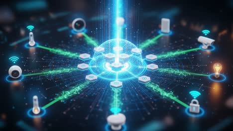 a 3d visualization of an advanced iot network connecting smart devices in a circular layout with data flow representation for enhanced communication and security
