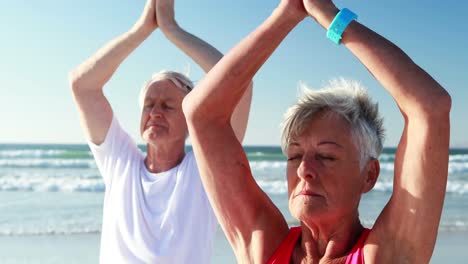 senior couple doing yoga at beach