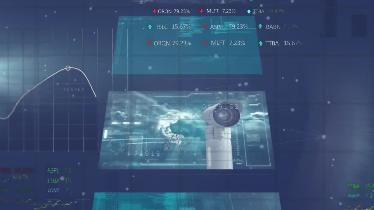 animación del procesamiento de datos estadísticos y bursátiles frente a pantallas con tratamiento de datos