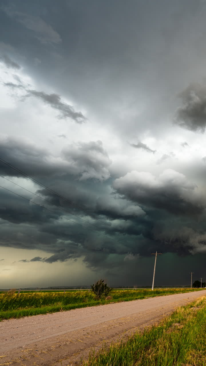 Large storm clouds developing into intense weather system with wind, rain and dark moody sky