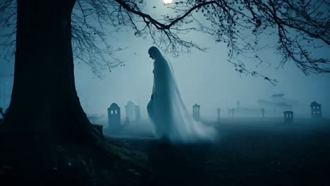 a ghostly figure walks through a foggy graveyard at night