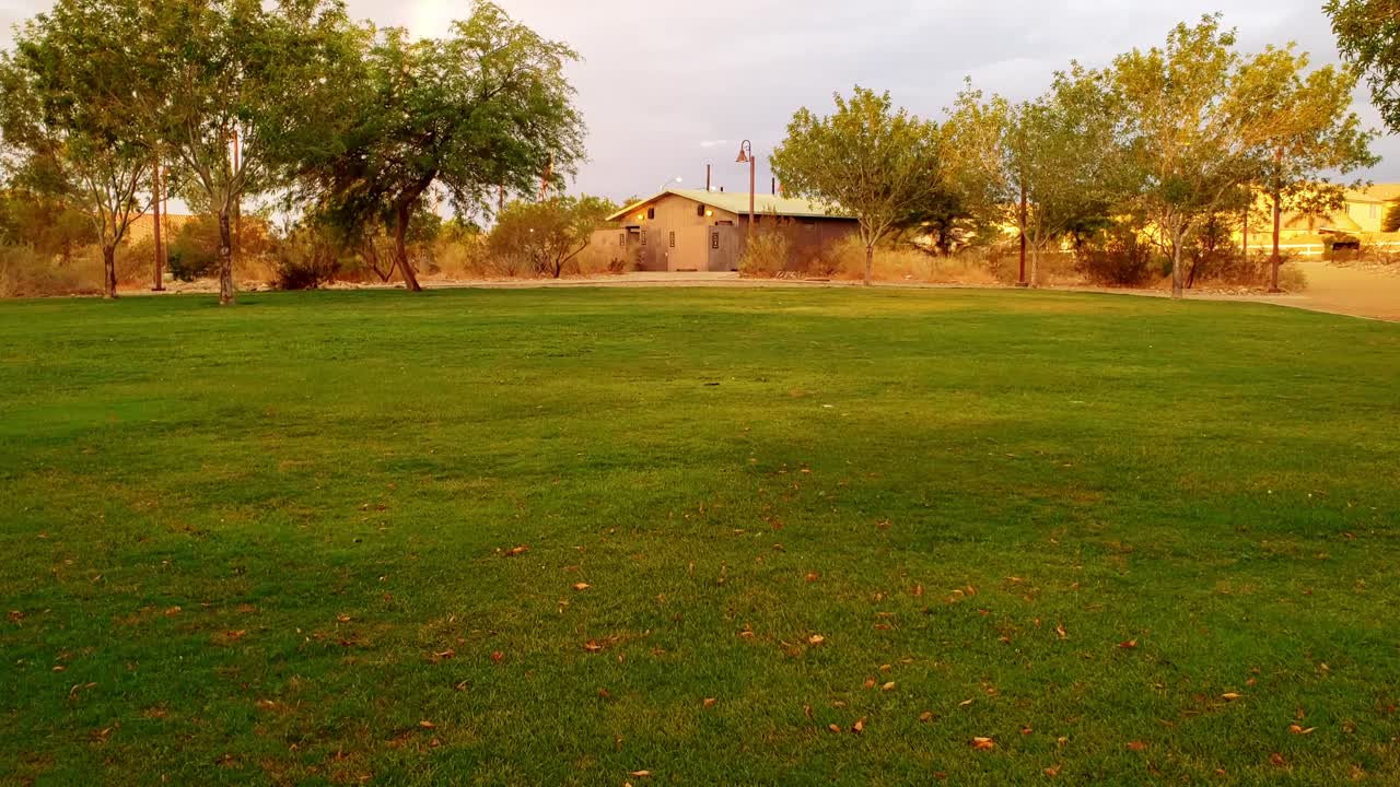 The vertical reveal of morning rainbow over the suburban park