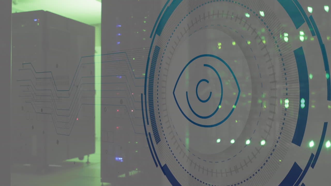 animación del escáner de retina ocular y las conexiones del microprocesador contra la sala de servidores de computadoras