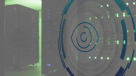 animation of eye retina scanner and microprocessor connections against computer server room