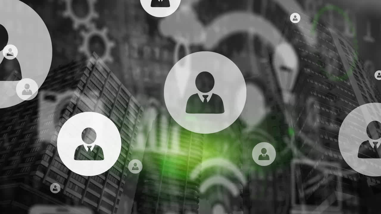 animación de la red de conexiones con iconos sobre el paisaje urbano