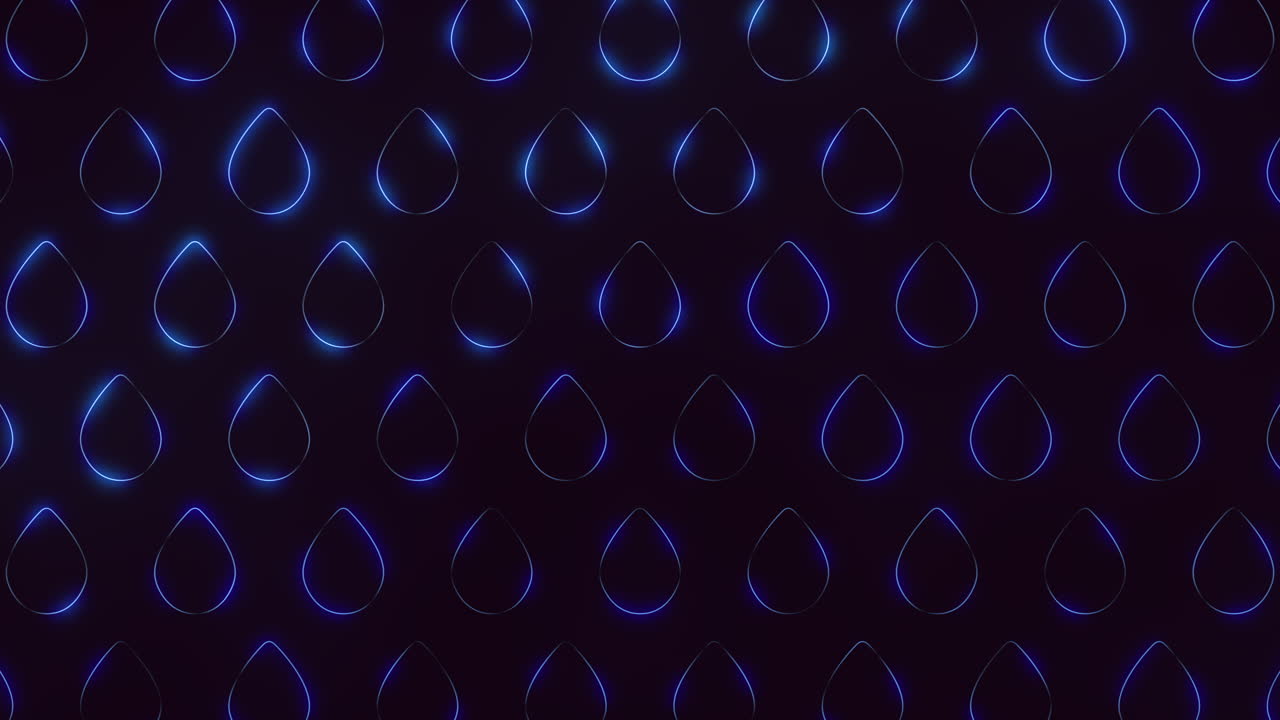 Motivo animato continuo di contorni luminosi al neon blu di gocce liquide su uno sfondo scuro, creando uno sfondo astratto moderno e futuristico ideale per tecnologia, musica e visual di eventi