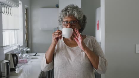 a senior african american woman smiling at the camera. social distancing in quarantine.