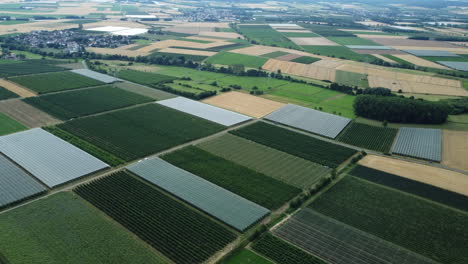 aerial view of agricultural fields and orchards