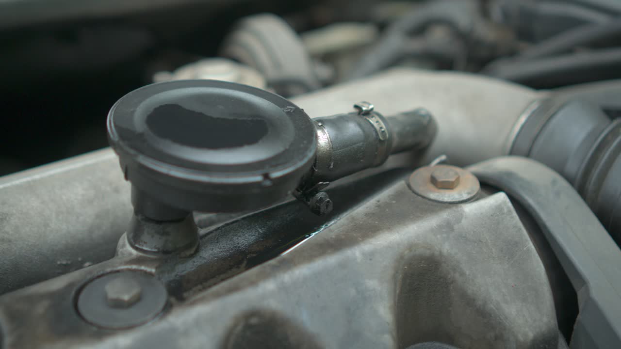 oli에서 더러운 자동차의 오래된 엔진 부품