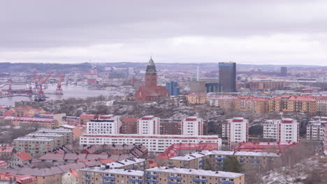 Gothenburg-skyline-view-and-Masthugg-Church-overlooking-Gota-Alv-river,-Sweden