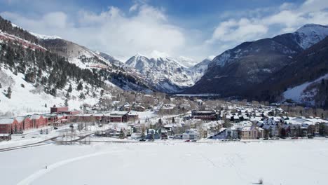 panning drone shot showing all of telluride, colorado with mountains in distance