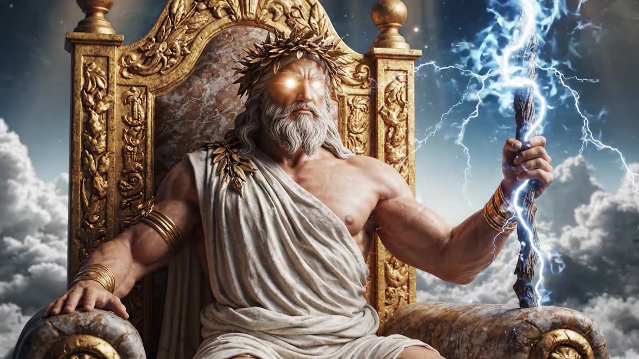 Figura Majestosa de Poder: Uma Divindade Imponente em um Trono Dourado em Meio a Nuvens Celestiais, Irradiando Autoridade com Raios e Presença Régia, Simbolizando a Onipotência