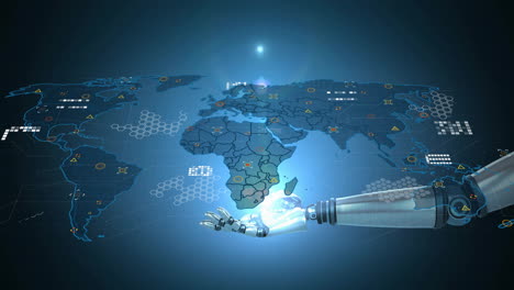 Mano-Robótica-Interactuando-Con-Un-Mapa-Del-Mundo-Digital,-Animación-De-Tecnología-E-Innovación