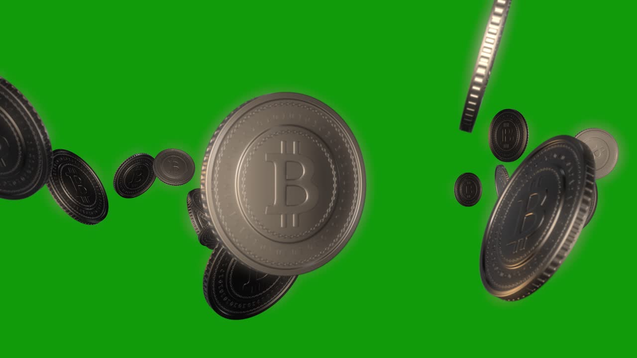 녹색 배경에 비트코인 회전, 4k 3d 모션 그래픽
