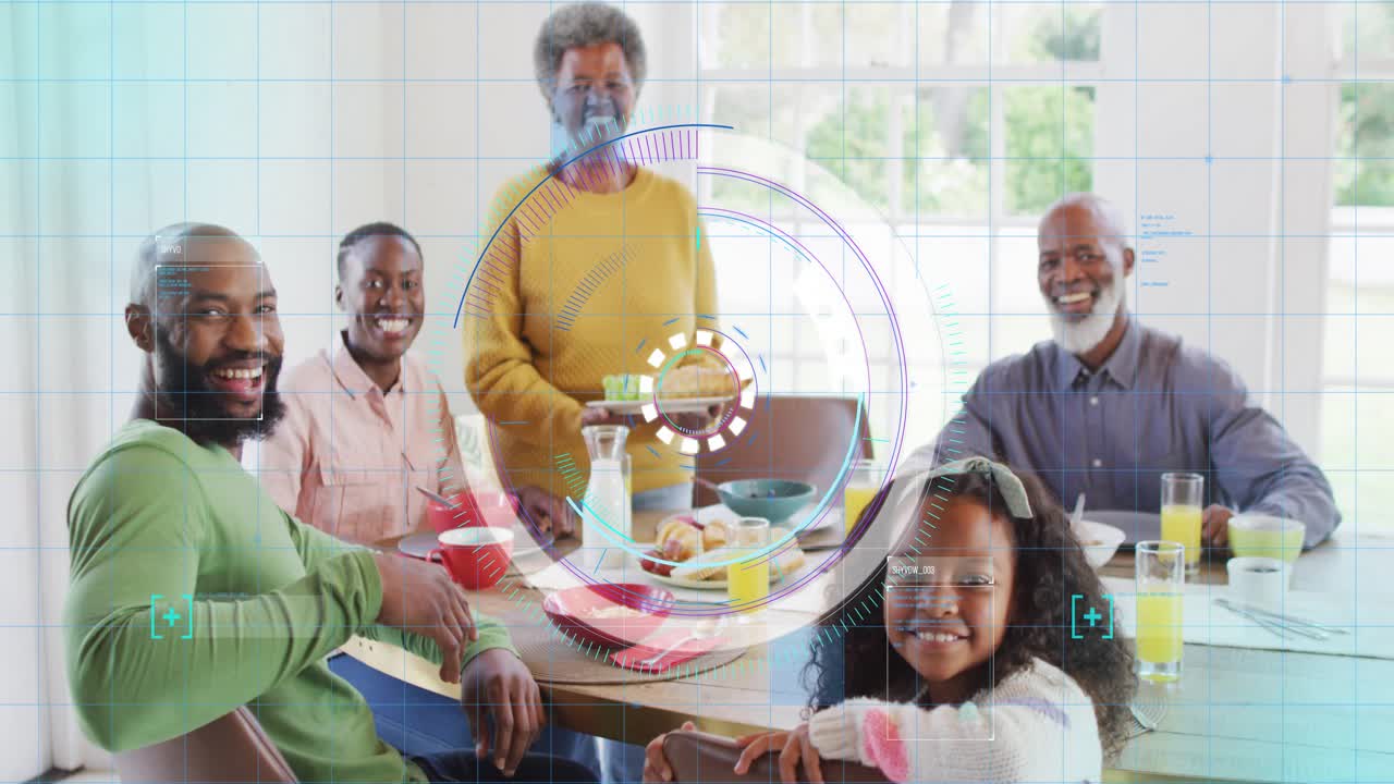 Child turning to camera while circular overlay expanding, grandma placing dish, showing breakfast