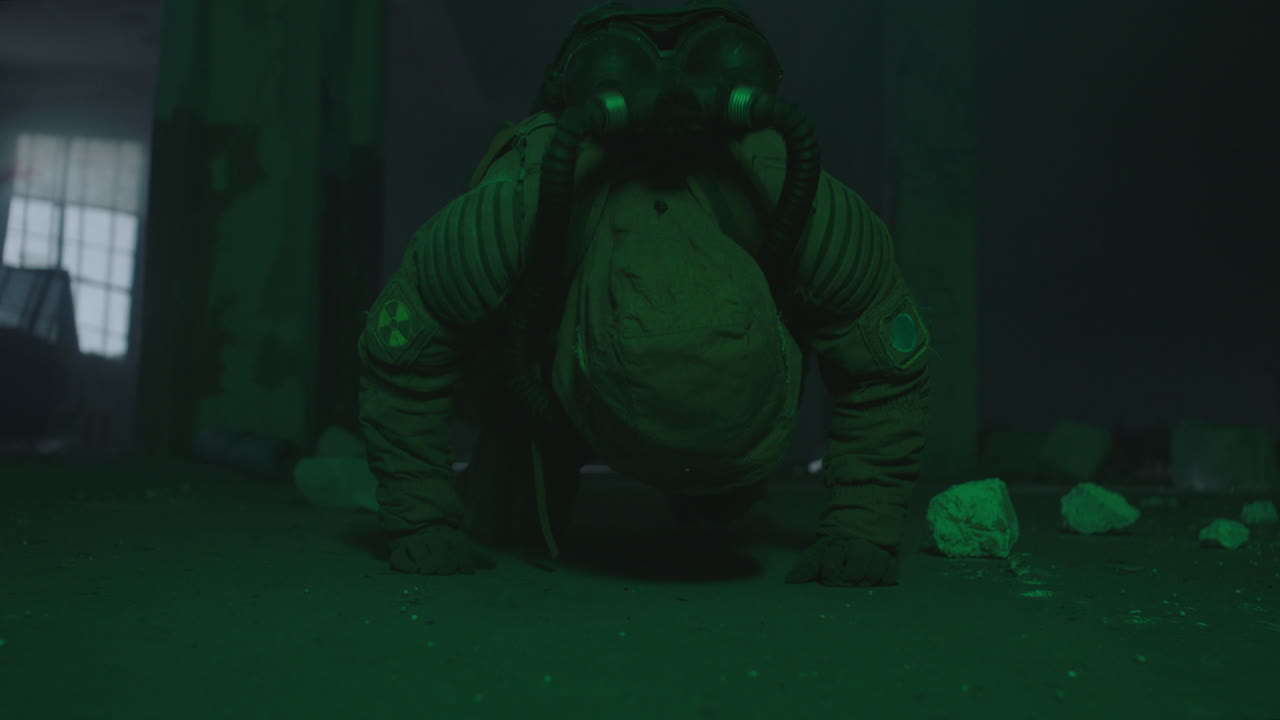 A wounded soldier in the abandoned military complex approaches anomaly