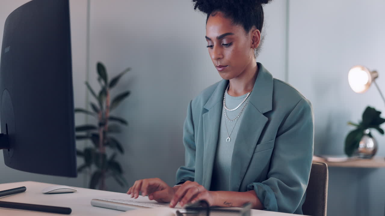 Computer, thinking and black woman typing