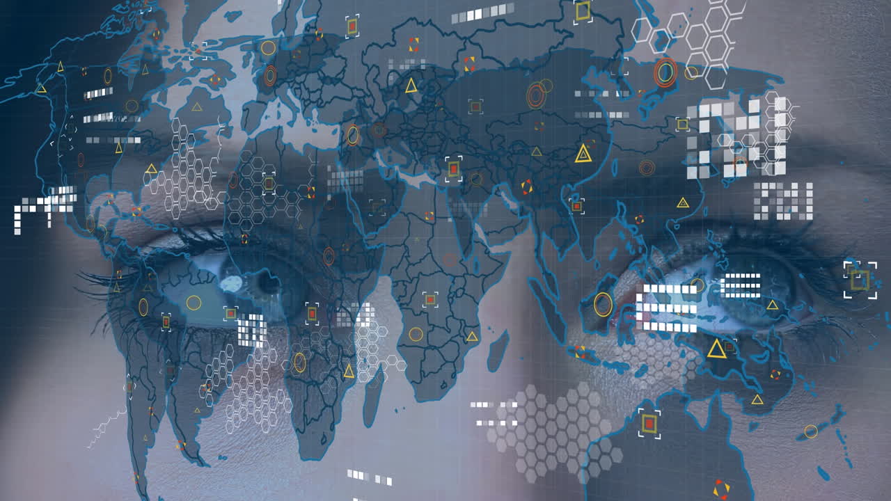 Animation of world map and icons over face of caucasian woman