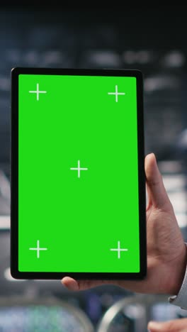 vertical video military technicians in data center use green screen mockup tablet