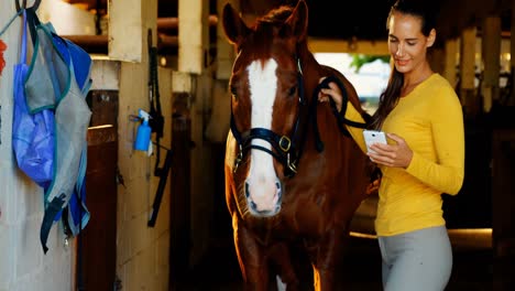 mujer usando teléfono móvil mientras sostiene el caballo 4k