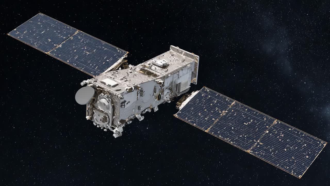 A Close-Up Perspective of a Communication Satellite Orbiting in Space, Featuring Solar Panels and Advanced Instruments for Data Transmission and Control