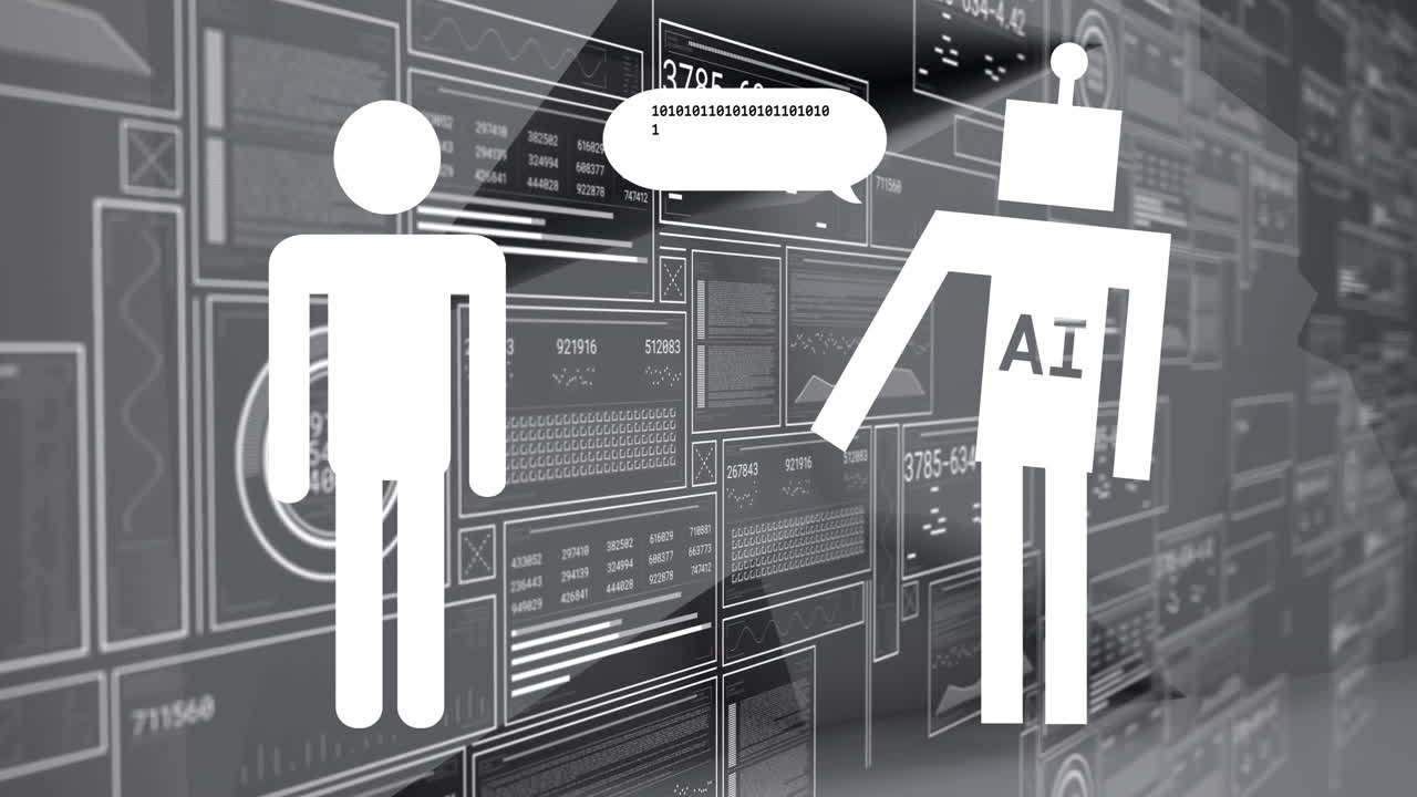 Animation of human representation, ai text in robot over graphs, numbers, loading bars and circles