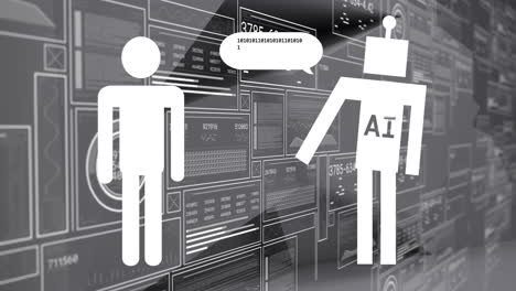 animación de la representación humana, un texto en robot sobre gráficos, números, barras de carga y círculos