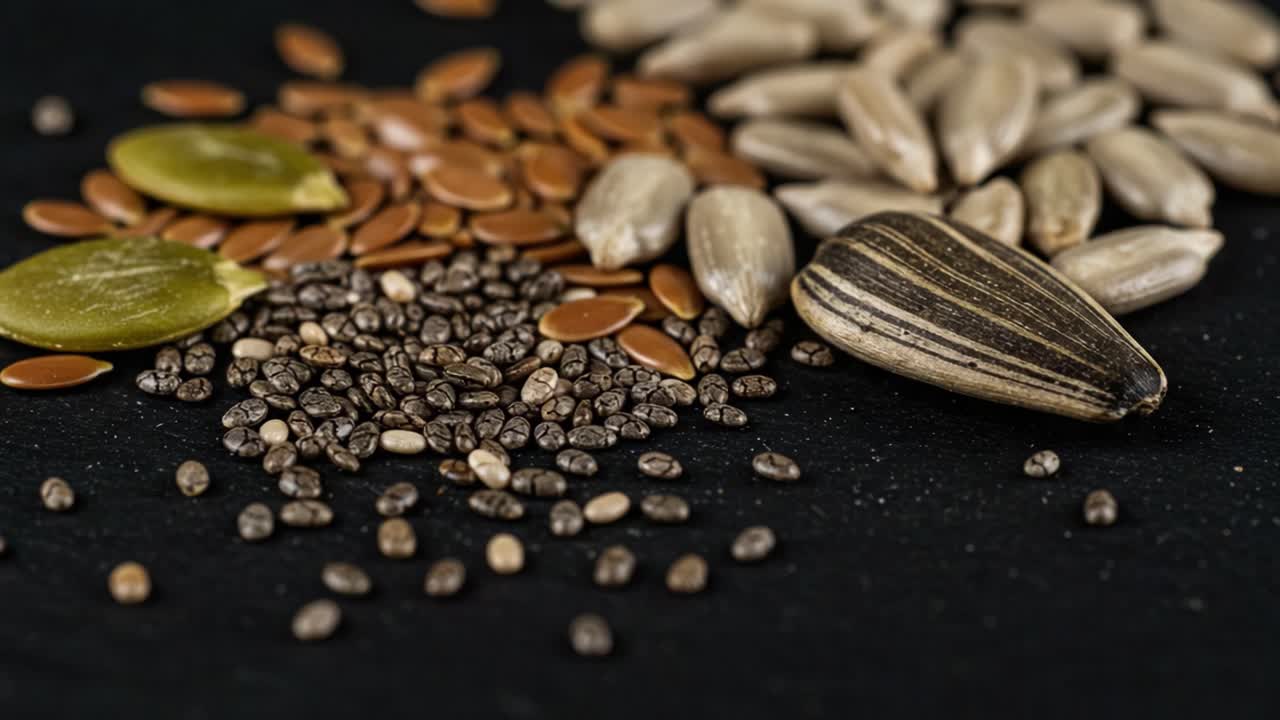 A Close-Up Look at an Array of Nutrient-Rich Seeds Displayed on a Dark Background Perfect for Health Enthusiasts and Culinary Artists Alike
