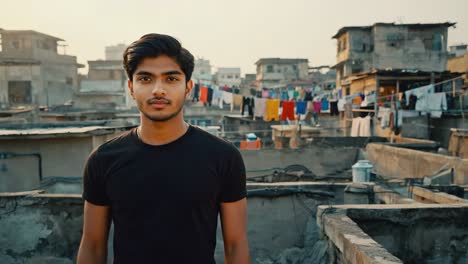 confident young man standing on a rooftop in a low income neighborhood with colorful laundry hanging in the background, representing resilience and hope in challenging circumstances