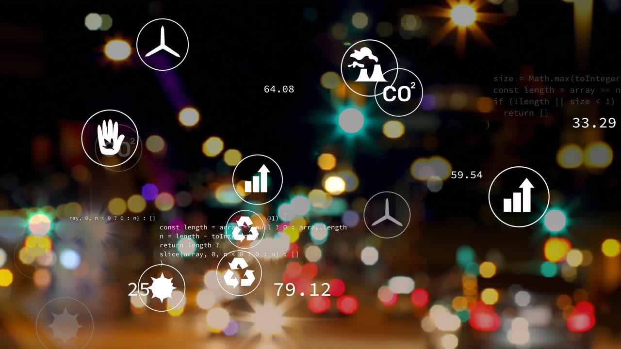 animación de múltiples iconos digitales y procesamiento de datos contra la vista borrosa del tráfico nocturno de la ciudad