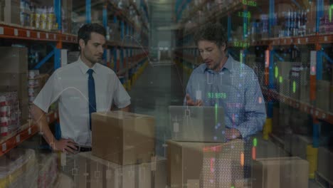 Animation-of-financial-graphs-over-caucasian-men-in-warehouse