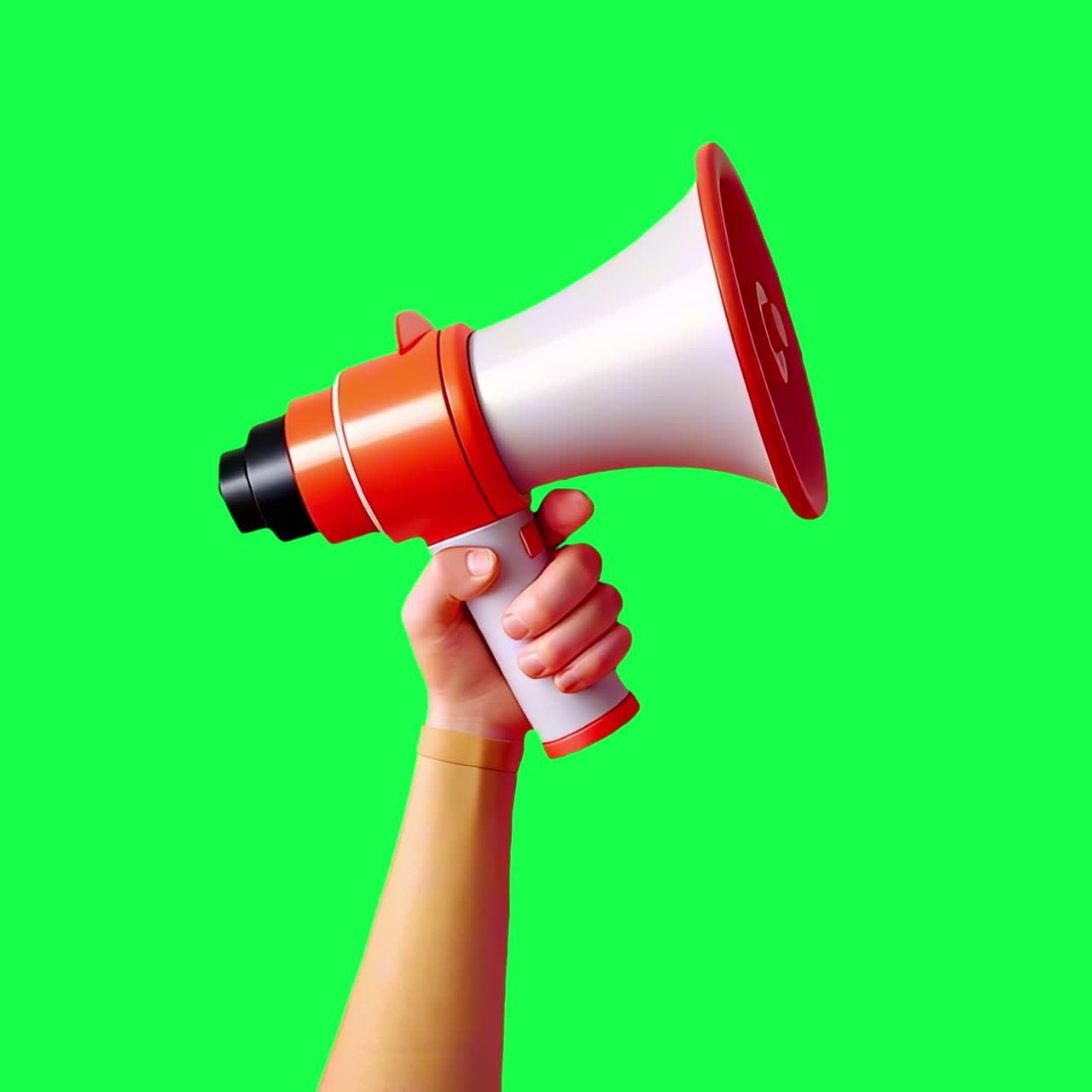 Animazione di una mano che tiene un vivace megafono, video 4K trasparente, green screen
