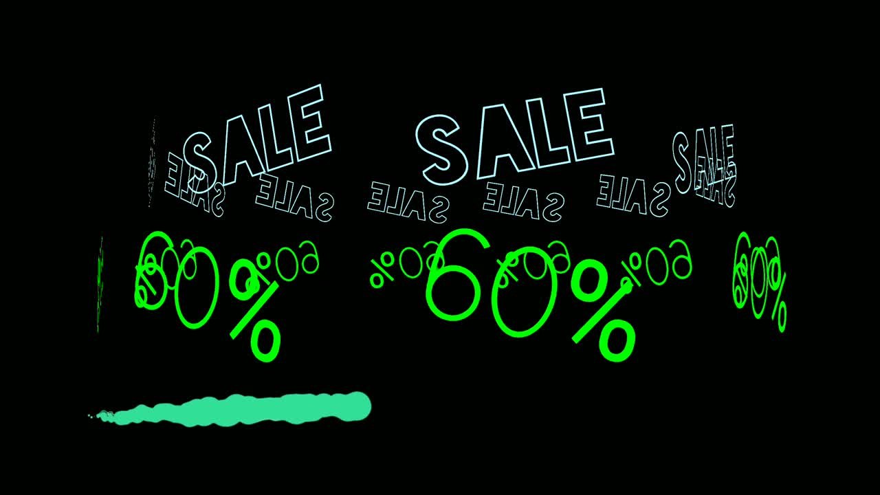 Flash sale neon sign animation fluorescent light glowing banner black background. sale 60% OFF running text neon lights signboard at night using as store sign or restaurant.4k video