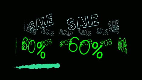 flash sale neon sign animation fluorescent light glowing banner black background. sale 60% off running text neon lights signboard at night using as store sign or restaurant.4k video