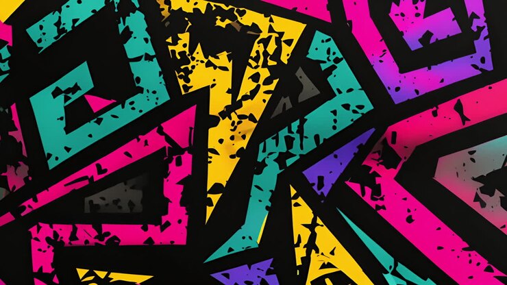 Animazione di forme geometriche colorate e motivi a schizzi su sfondo nero