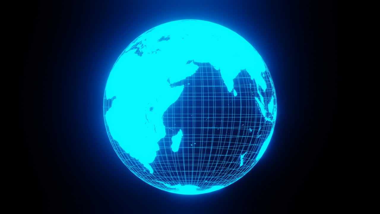 holograma de un marco de alambre azul de neón giratorio del planeta tierra. animación de globo 3d en fondo negro
