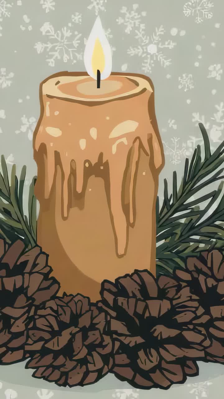 Vertical video: Flickering candle flame above pillar responding to draft on table, with pinecones