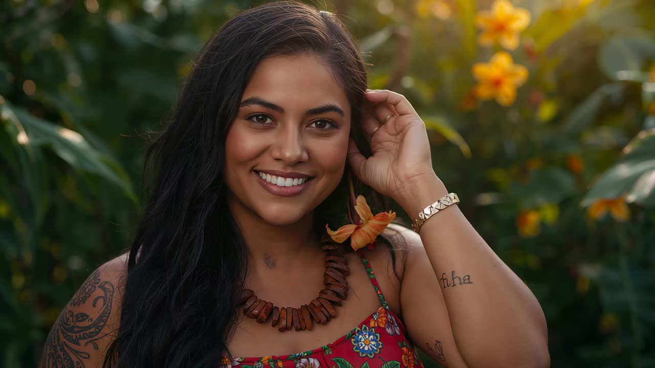 Smiling woman adjusting hair as camera rolling in golden-hour garden, posing wearing orange flower
