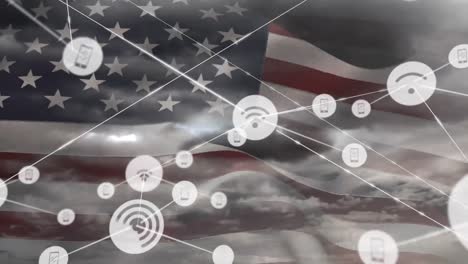 animation of network of connections with icons over flag of united states of america and sky