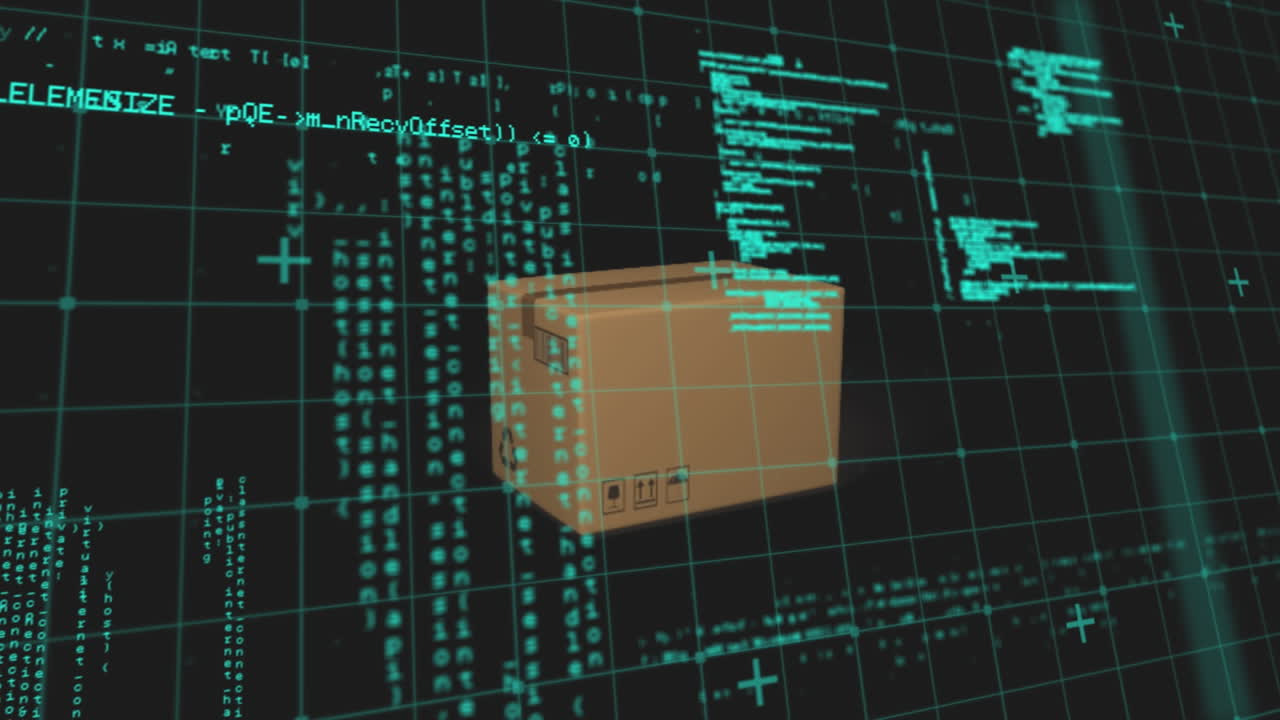 Data processing on grid network over delivery box falling against black background