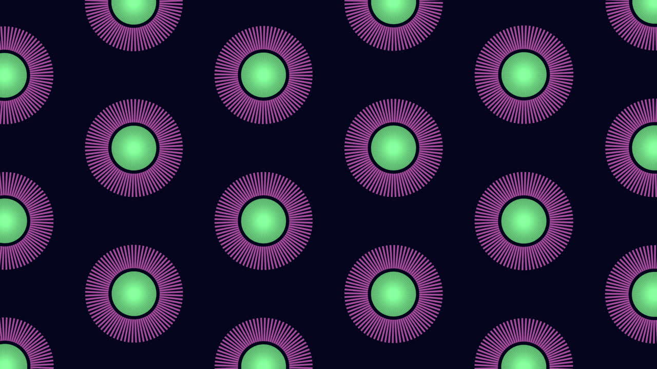 Seamless looping footage of hypnotic radial circles with green centers and purple rays on a dark background, creating a modern geometric pattern ideal for motion backgrounds and graphic overlays