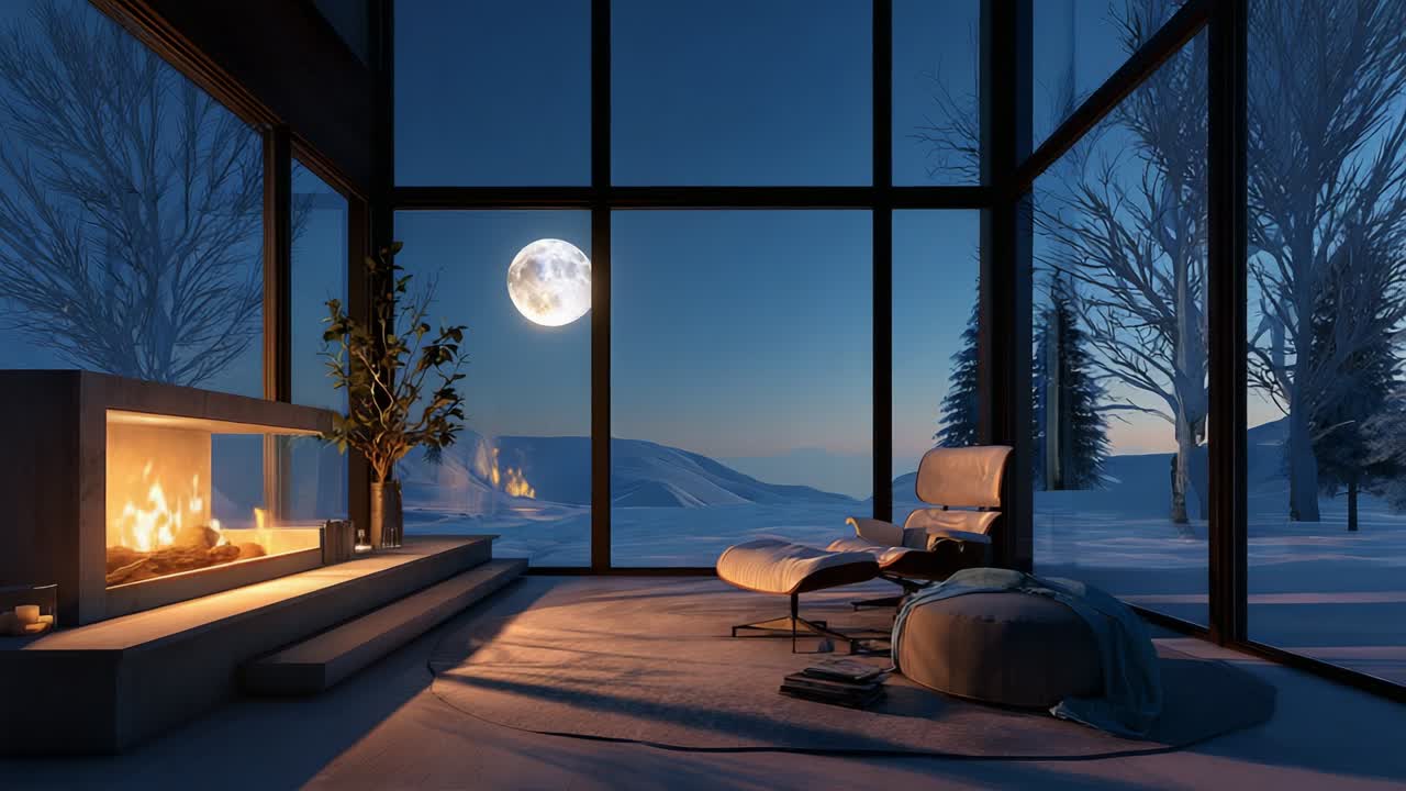 A Cozy Winter Retreat: Relaxing by the Fire in a Modern Glass Cabin with Stunning Moonlit Views of a Snowy Landscape, Perfect for a Peaceful Night of Reflection in Nature's Embrace